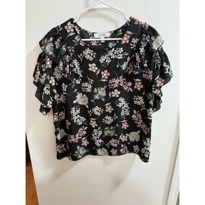 Libby‎ Edelman Blouse Women Size Medium Black Floral Top Flutter Sleeve Shirt